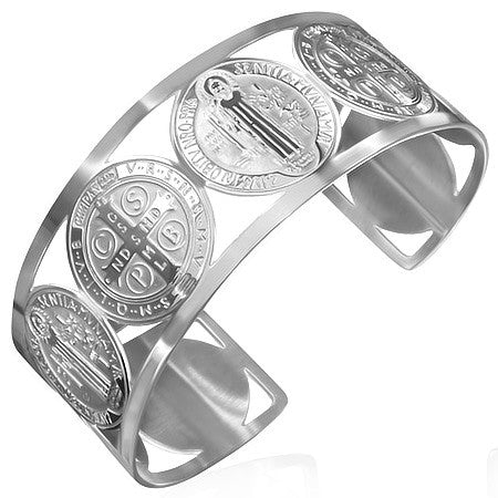 Stainless Steel Cross St. Benedict Religious Christian Open End Cuff Bangle