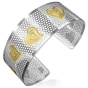 Stainless Steel Two-Tone Love Hearts Open End Womens Cuff Bangle