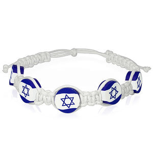 Star of David Israel Flag Beaded White Cord Adjustable Macrame Bracelet