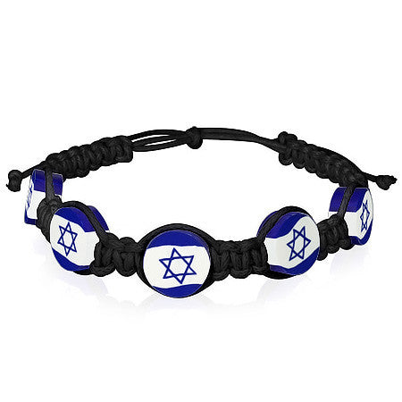Star of David Israel Flag Beaded Black Cord Adjustable Macrame Bracelet