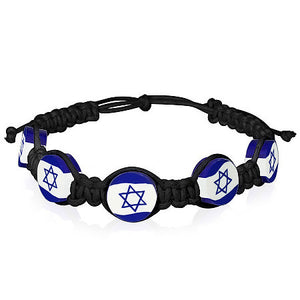 Star of David Israel Flag Beaded Black Cord Adjustable Macrame Bracelet