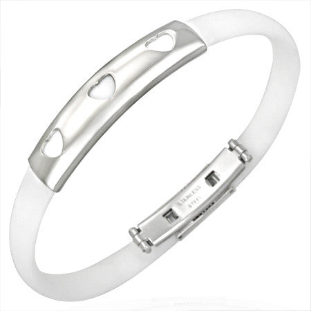 Stainless Steel White Rubber Silicone Silver-Tone Love Hearts Womens Bracelet