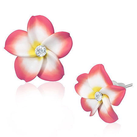 Fashion Alloy Polymer Clay Pink Hawaiian Flowers White CZ Stud Earrings