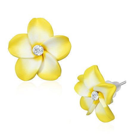 Fashion Alloy Polymer Clay Yellow Hawaiian Flowers White CZ Stud Earrings