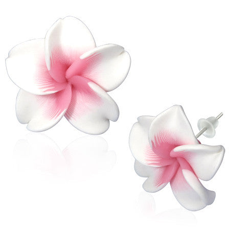 Fashion Alloy Polymer Clay White Pink Hawaiian Flowers White Stud Earrings