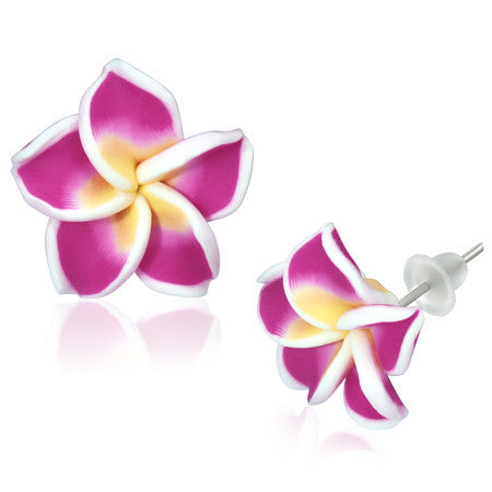 Fashion Alloy Polymer Clay Purple Violet Hawaiian Flowers Stud Earrings
