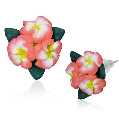 Fashion Alloy Polymer Clay Three Pink Hawaiian Flowers Stud Earrings
