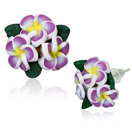 Fashion Alloy Polymer Clay Three Purple Violet Hawaiian Flowers Stud Earrings