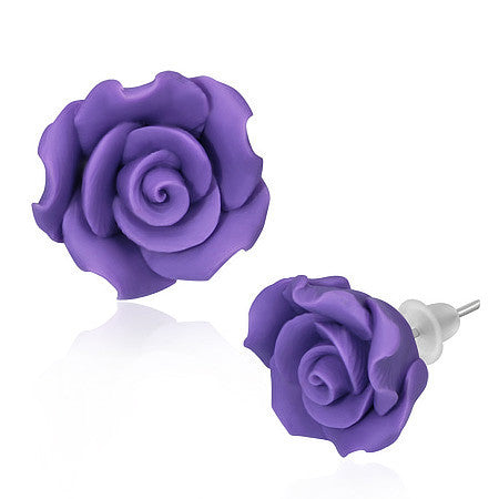 Fashion Alloy Polymer Clay Purple Violet Rose Flower Floral Stud Earrings