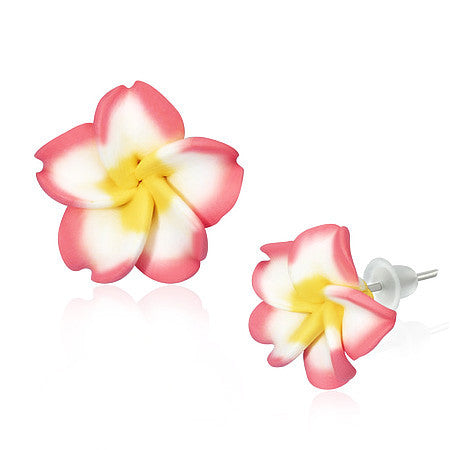 Fashion Alloy Polymer Clay Pink White Hawaiian Flowers Stud Earrings