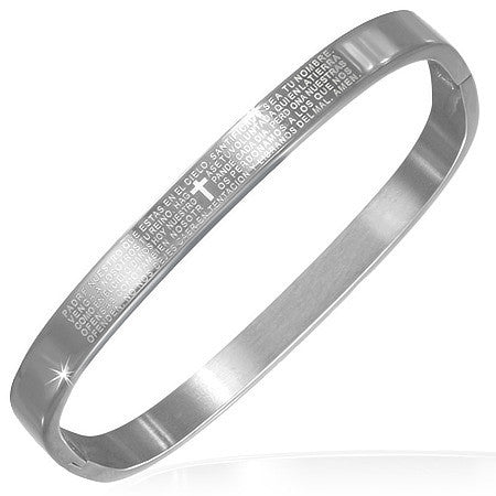 Stainless Steel Silver-Tone Lords Prayer Religious Cross Womens Cuff Bracelet