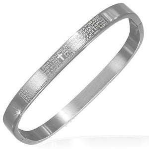 Stainless Steel Silver-Tone Lords Prayer Religious Cross Womens Cuff Bracelet