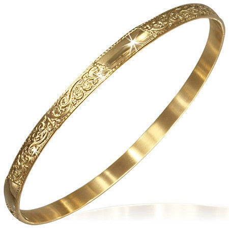 Stainless Steel Yellow Gold-Tone Flowers Floral Design Womens Classic Bangle Bracelet