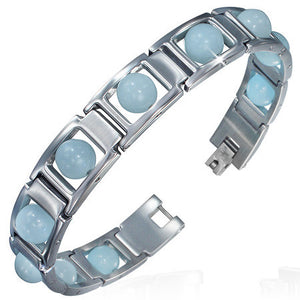 Stainless Steel Silver-Tone Blue Turquoise-Tone Glass Beads Link Unisex Bracelet