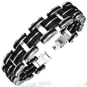 Stainless Steel Silver-Tone Black Stripes Mens Link Bracelet with Clasp