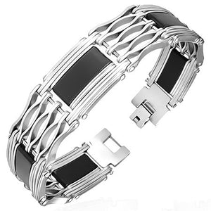 Stainless Steel Silver-Tone Black Section Mens Link Bracelet with Clasp