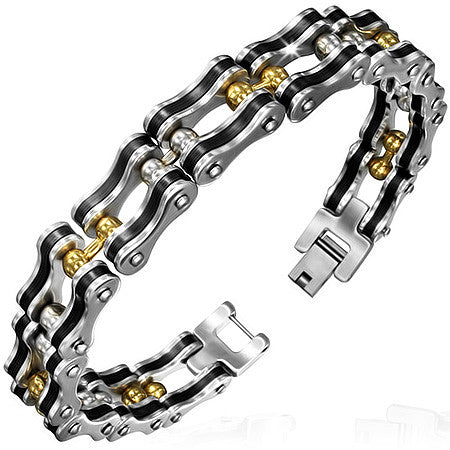 Stainless Steel Silver Gold-Tone Black Mens Link Bracelet with Clasp