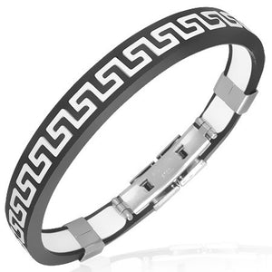 Black White Rubber Silicone Stainless Steel Two-Tone Mens Greek Key Bracelet with Clasp