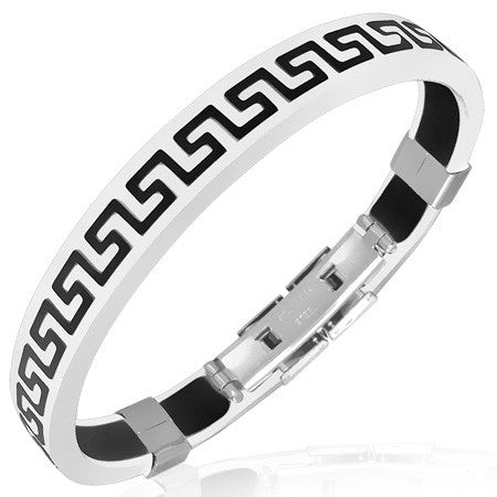 Black White Rubber Silicone Stainless Steel Two-Tone Mens Greek Key Bracelet with Clasp