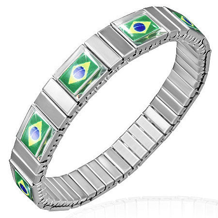 Stainless Steel Silver-Tone Stretch Brazilian Flag of Brazil Bracelet