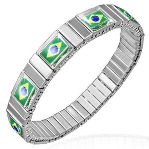 Stainless Steel Silver-Tone Stretch Brazilian Flag of Brazil Bracelet