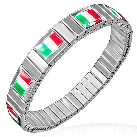 Stainless Steel Silver-Tone Stretch Italian Flag of Italy Bracelet