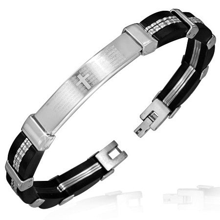 Stainless Steel Religious Lords Spanish Prayer Cross Black Silver-Tone Mens Bracelet