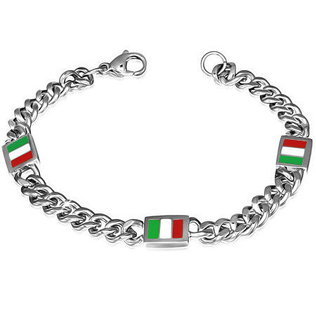 Stainless Steel Silver-Tone Italian Link Chain Flag of Italy Patriotic Mens Bracelet