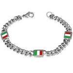 Stainless Steel Silver-Tone Italian Link Chain Flag of Italy Patriotic Mens Bracelet