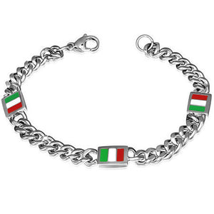 Stainless Steel Silver-Tone Italian Link Chain Flag of Italy Patriotic Mens Bracelet