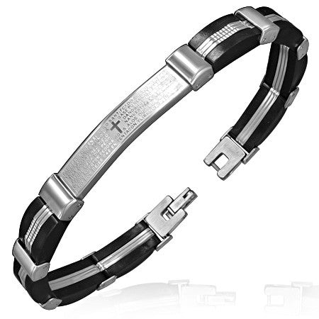 Stainless Steel Religious Lords Spanish Prayer Cross Black Silver Two-Tone Mens Bracelet