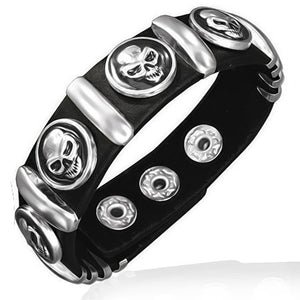 Black Leather Stainless Steel Silver-Tone Skull Links Snap Wristband Mens Bracelet