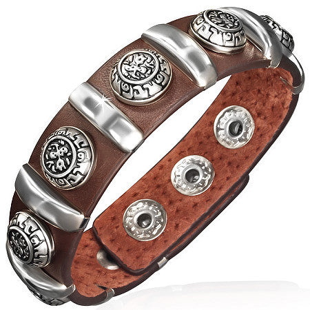 Brown Leather Stainless Steel Silver-Tone Rose Floral Links Snap Wristband Mens Bracelet