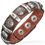 Brown Leather Stainless Steel Silver-Tone Rose Floral Links Snap Wristband Mens Bracelet