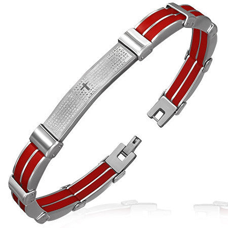 Stainless Steel Religious Lords Spanish Prayer Cross Red Silver Two-Tone Mens Bracelet
