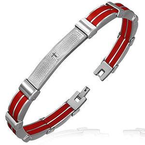 Stainless Steel Religious Lords Spanish Prayer Cross Red Silver Two-Tone Mens Bracelet