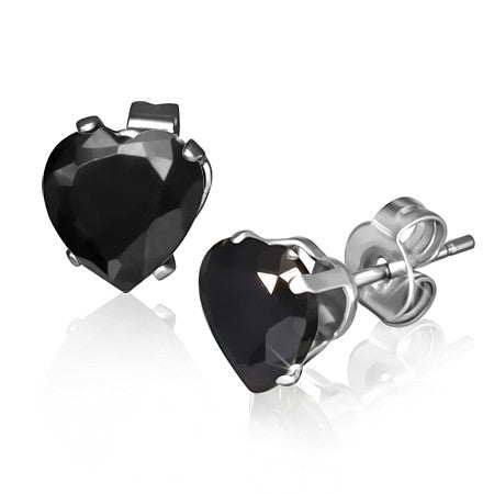 Stainless Steel Black CZ Love Heart-Shaped Womens Girls Stud Earrings