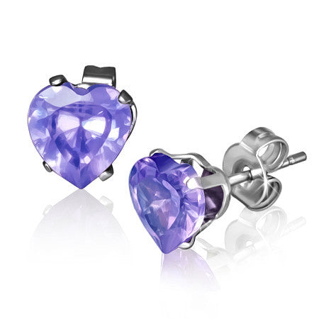 Stainless Steel Purple Violet CZ Love Heart-Shaped Womens Girls Stud Earrings