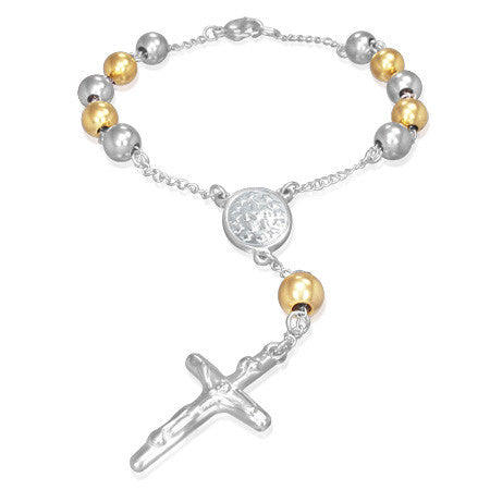 Stainless Steel Two-Tone Beads Religious Cross Rosary Bracelet