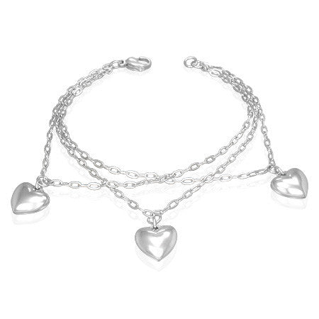 Stainless Steel Silver-Tone Triple Love Heart Link Chain Womens Bracelet with Clasp