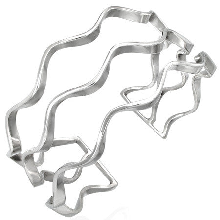 925 Sterling Silver Wavy Classic Womens Open End Cuff Bangle Bracelet