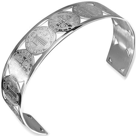 Stainless Steel Silver-Tone Cross St. Benedict Religious Christian Open End Cuff Womens Bangle Bracelet