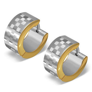 Stainless Steel Two-Tone Checkerboard Womens Hoop Huggie Earrings