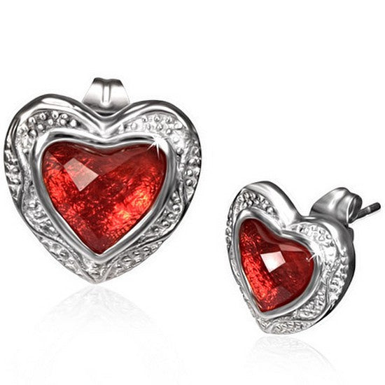 Stainless Steel Silver-Tone Love Heart Red CZ Womens Stud Earrings
