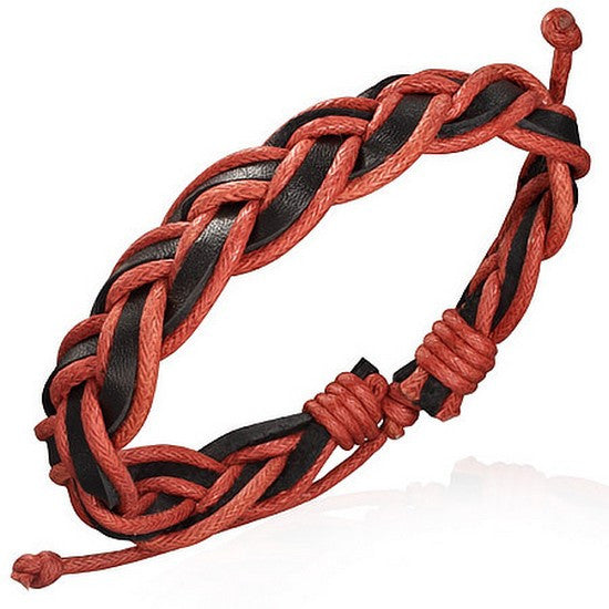 Red Black Leather Braided Adjustable Mens Womens Unisex Bracelet