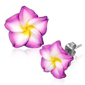 Fashion Alloy Polymer Clay Purple Violet White Hawaiian Flowers Stud Earrings