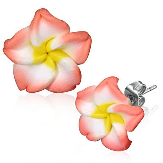Fashion Alloy Polymer Clay Pink White Hawaiian Flowers Stud Earrings