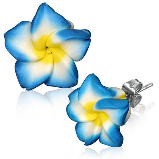 Fashion Alloy Polymer Clay Blue White Hawaiian Flowers Stud Earrings
