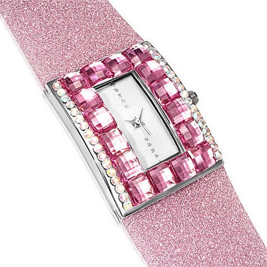 Fashion Alloy Pink White Multicolor CZ Rectangle Face Womens Watch