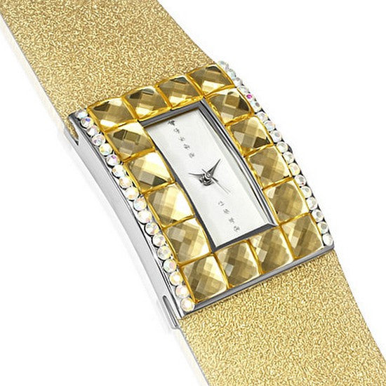 Fashion Alloy Yellow Gold-Tone White Multicolor CZ Rectangle Face Womens Watch